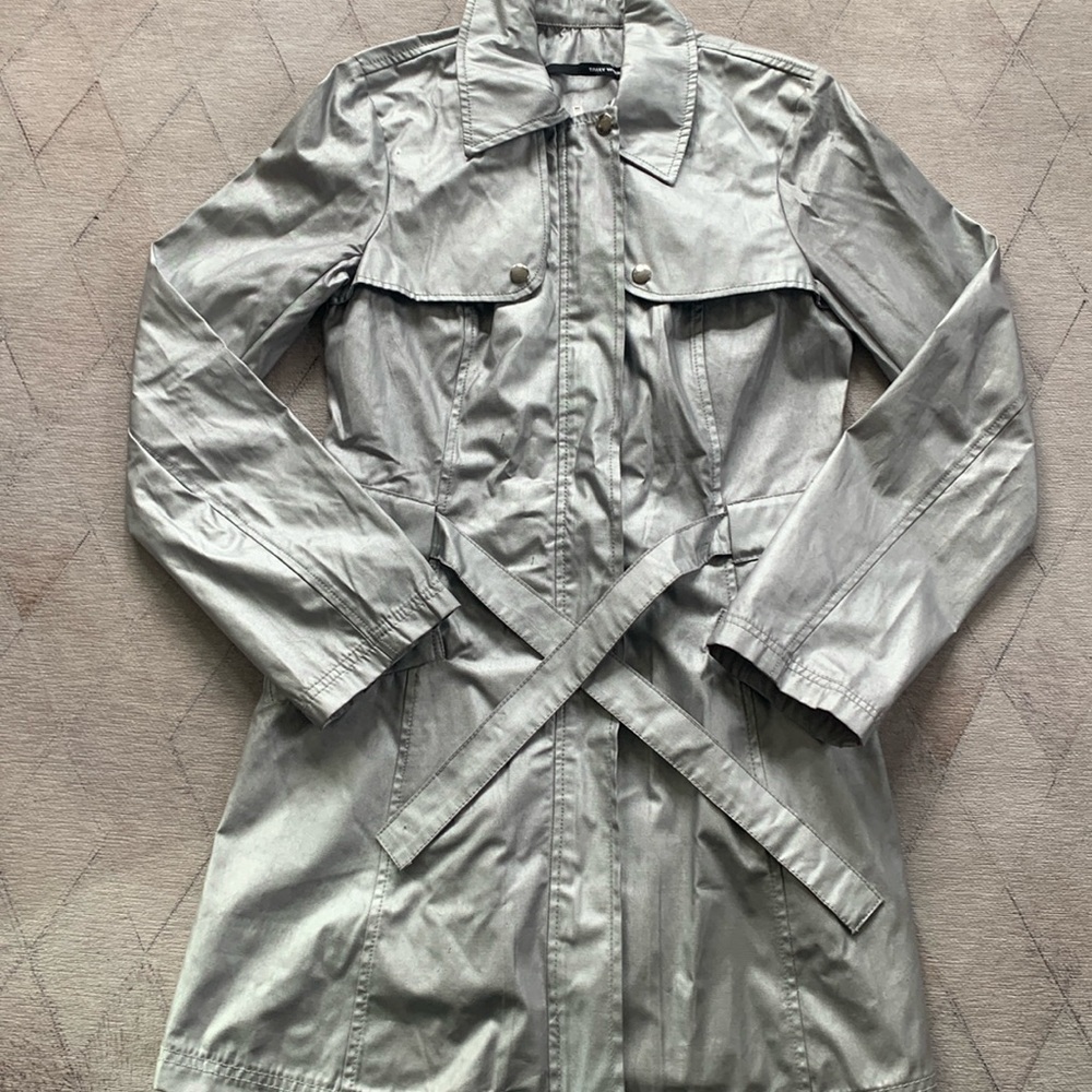 Tally Weir Y2K Metallic Silver Chrome Zip up Trench Coat with a waist tie